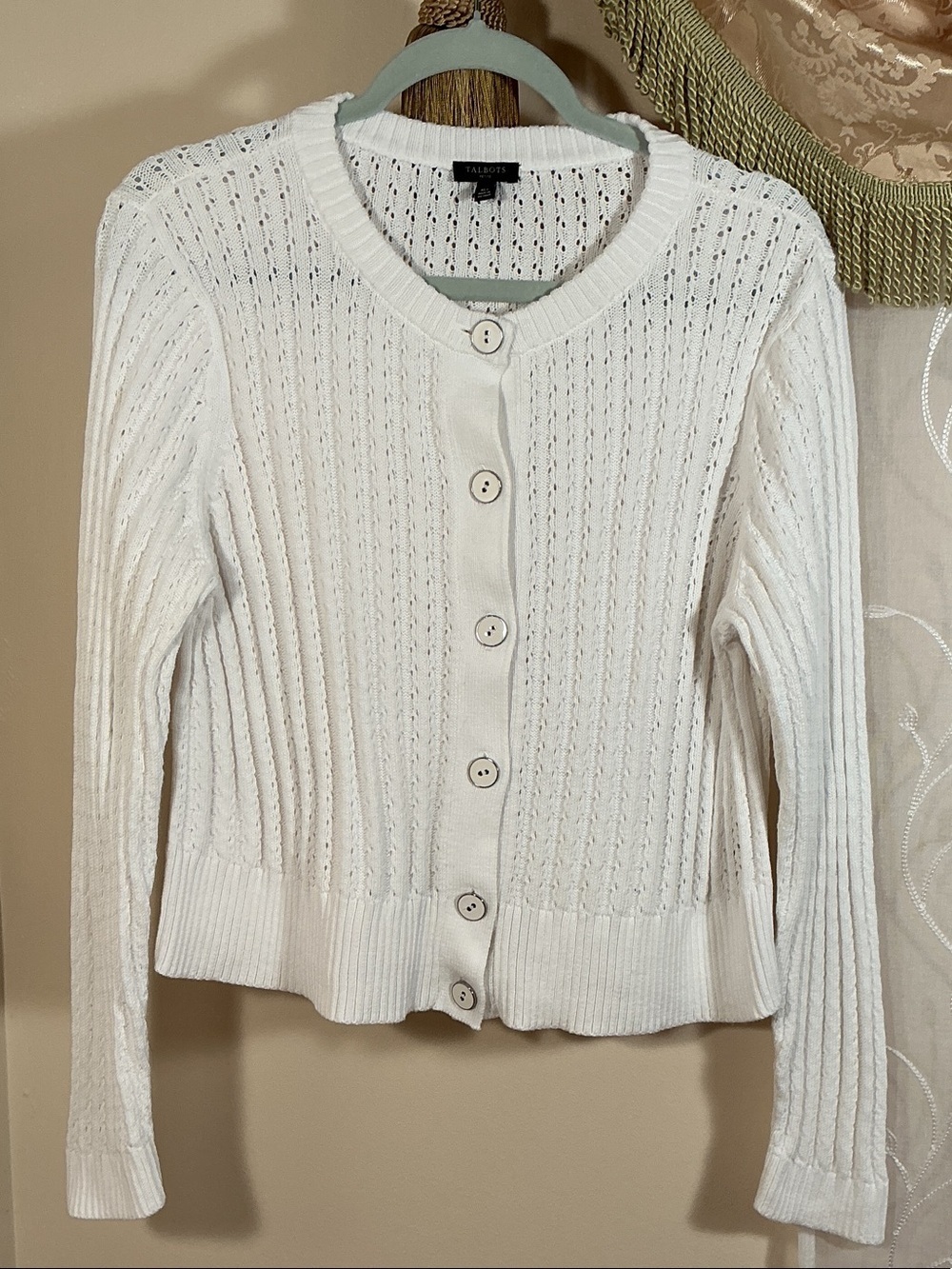 Talbots Petites Sz XL P Button-Front Open Knit Cotton Cardigan White Round Neck - Picture 3 of 9